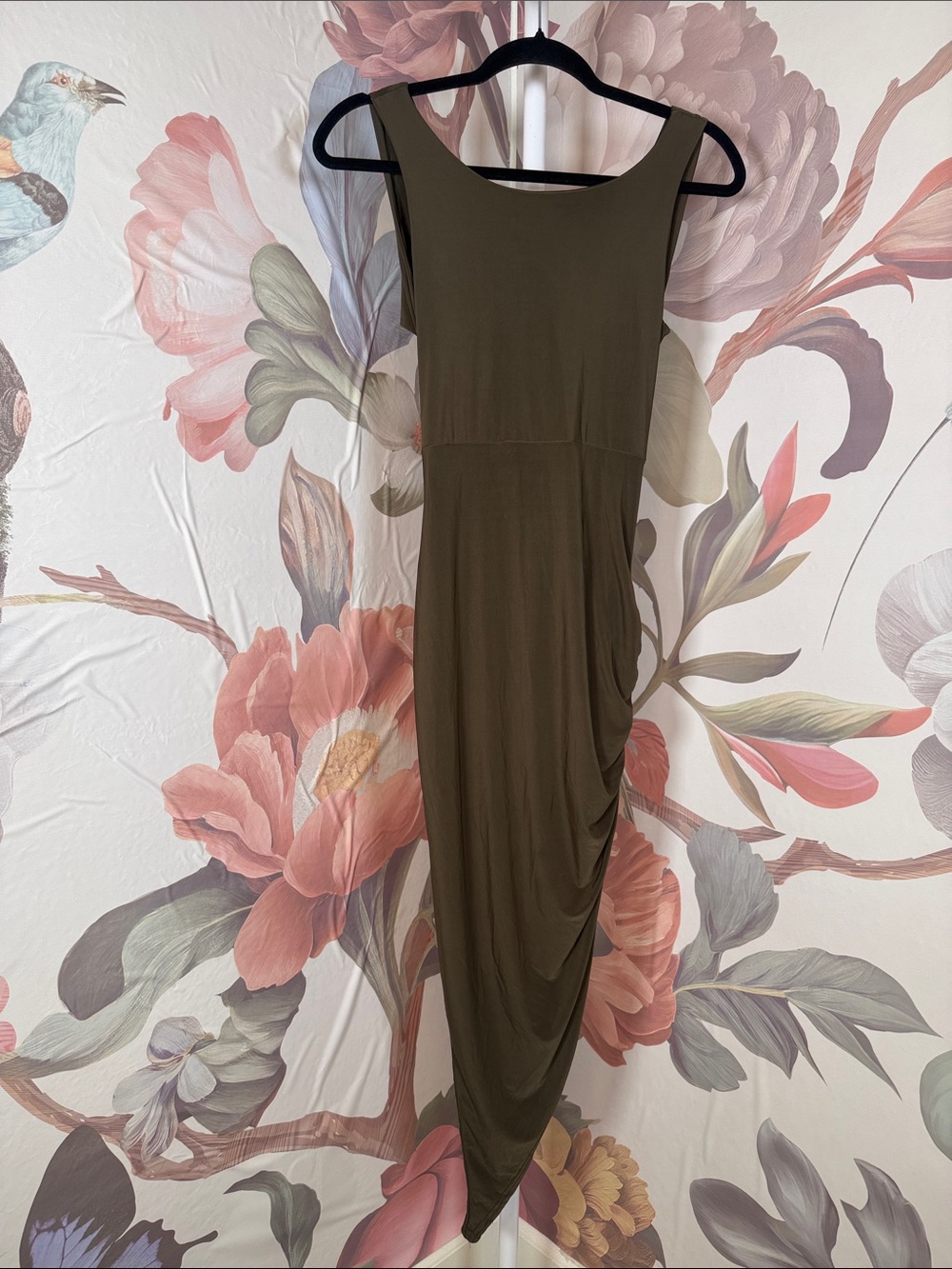 Rare London Olive Green Sleeveless Ruched Midi Dress - Size 8